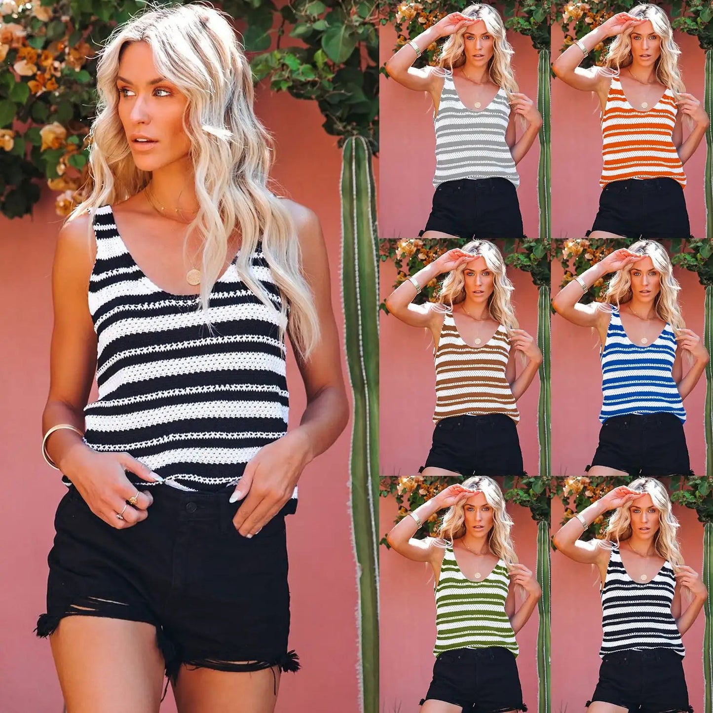 Stay Cool and Stylish with Our 2024 Women's Fashion Stripe Knit Tank Top - Perfect for Summer!