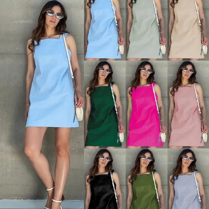 Effortlessly Chic: 2024 Sleeveless Camisole Dress in Cotton and Linen with a Feminine Square Neck