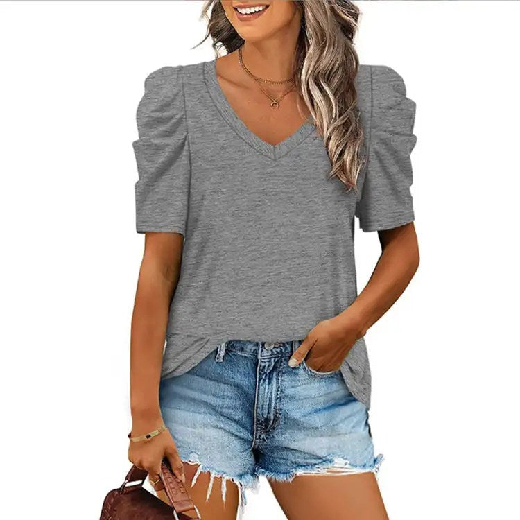 Stay Stylish this Summer with our Drawn Pleated V-neck T-shirt - Popular