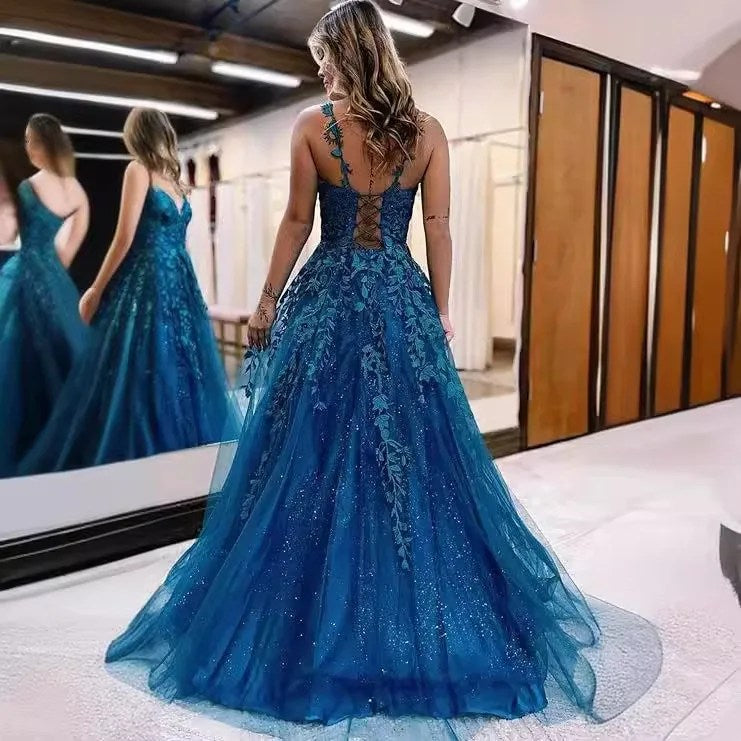 New Blue Slim-fitting Sexy Leaking Back Toasting Clothes, Birthday Party and Annual Meeting Evening Women Dress