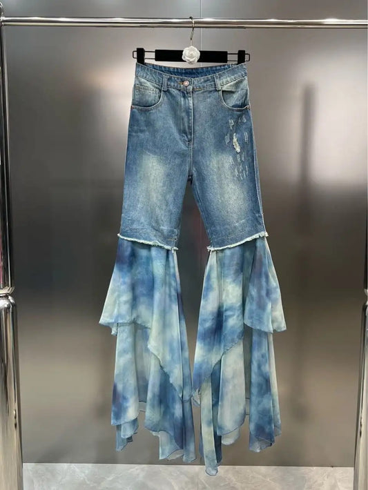 2024 Women's High Waisted Jeans: Retro Spice with New Stitching and Smudged Chiffon Detail