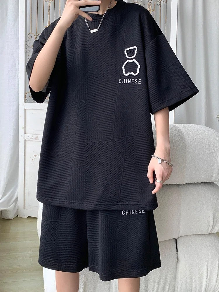 Men's Summer Fashion Bear T-Shirt & Shorts Set - Loose Fit, Short-Sleeved, Basketball Suit, Waffle Sports Suit