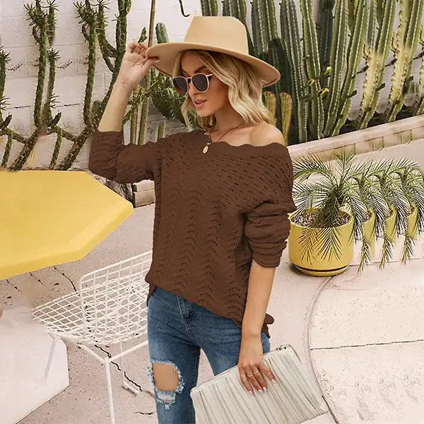 Stylish and Versatile: 2024 Autumn Solid Color Hollow Pullover Knitwear for Women