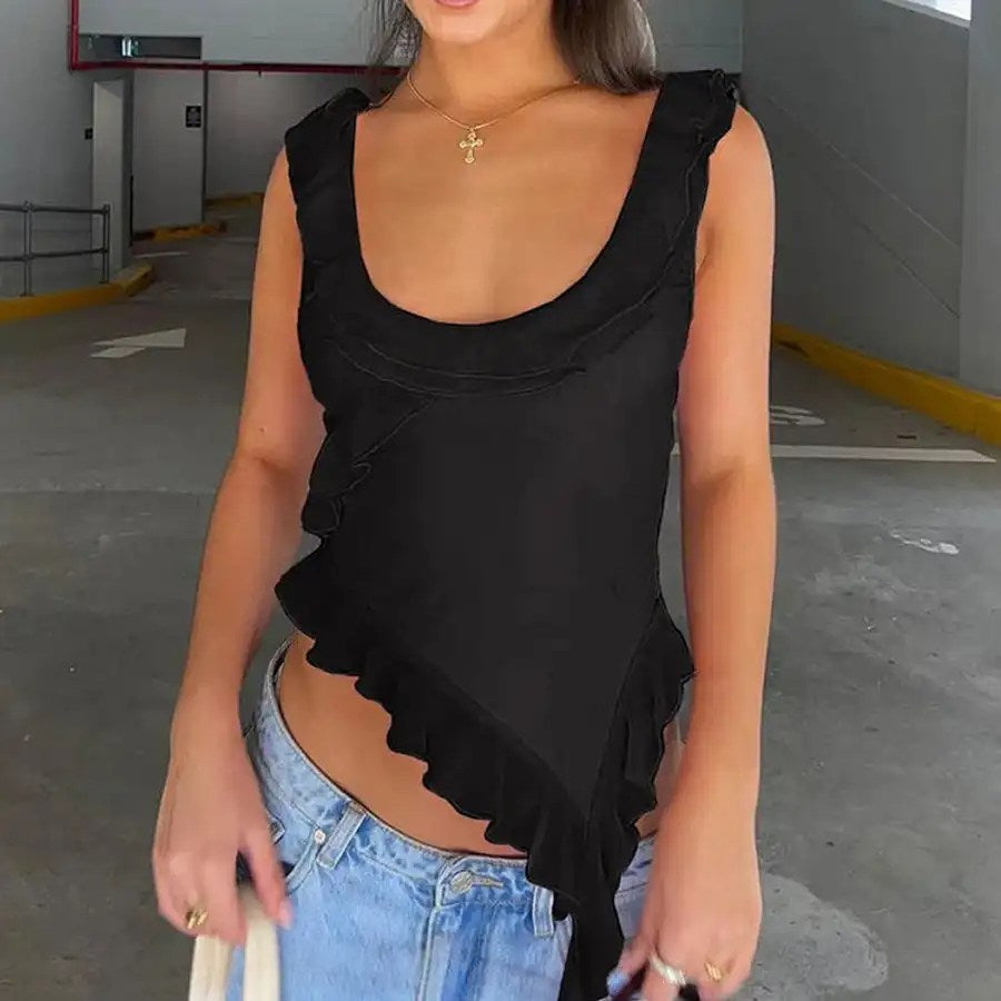 Summer Babes: 2024 Ruffled Fringed Top - Pure Desire Sleeveless Vests for Female Outerwear