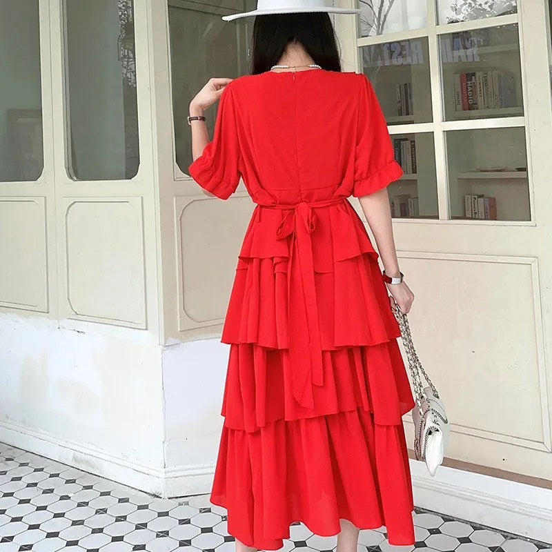 Plus Size Fat Mm Dress Red Performance Dress Festive Bridesmaid Dress Beach Skirt Design Sense Niche Cake Skirt Summer
