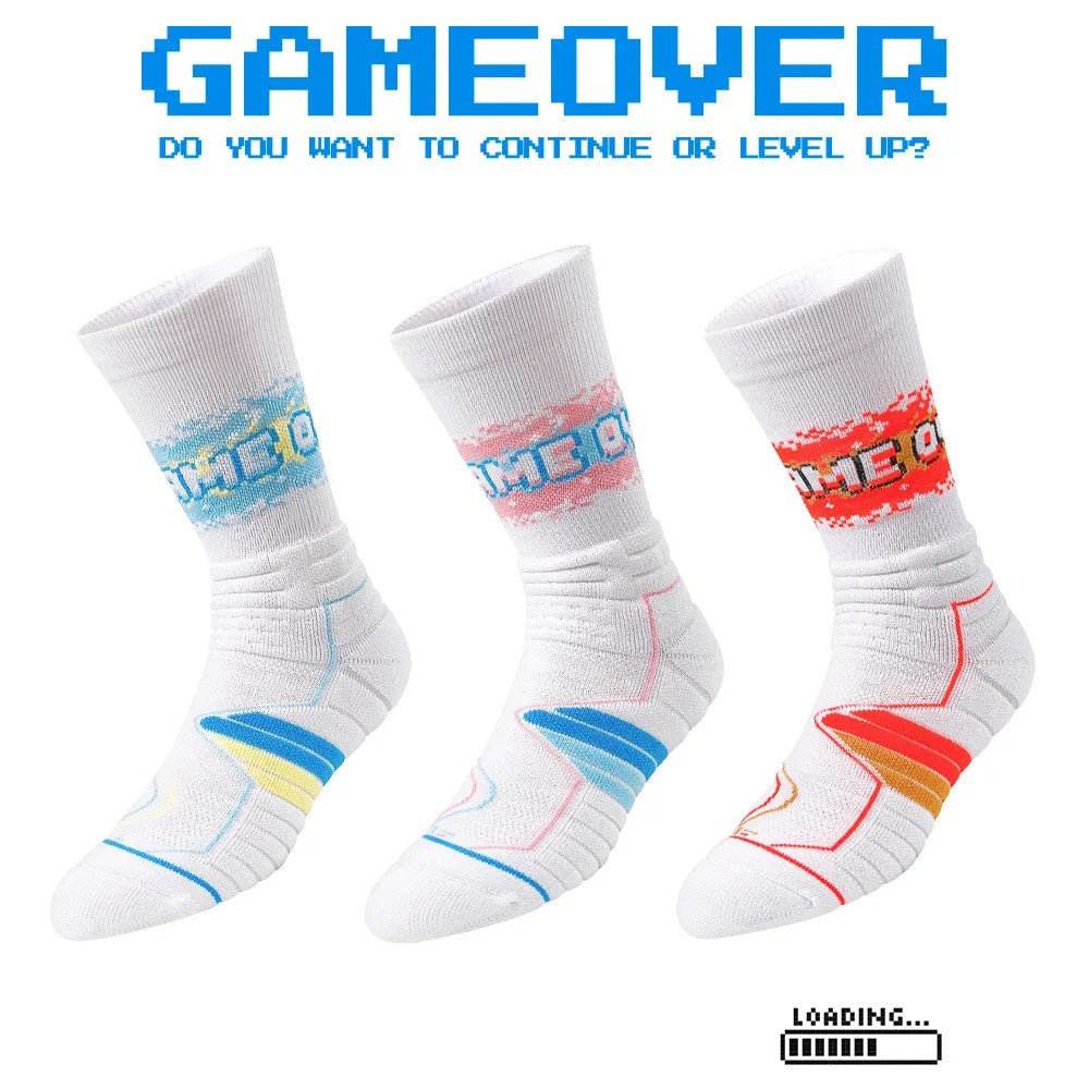 High-Top Elite Basketball Socks with Towel Bottom, Breathable Casual GAME OVER Design for Men and Women