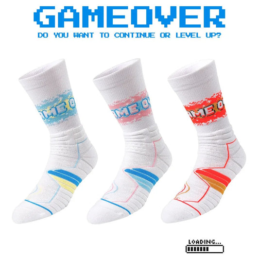 High-Top Elite Basketball Socks with Towel Bottom, Breathable Casual GAME OVER Design for Men and Women