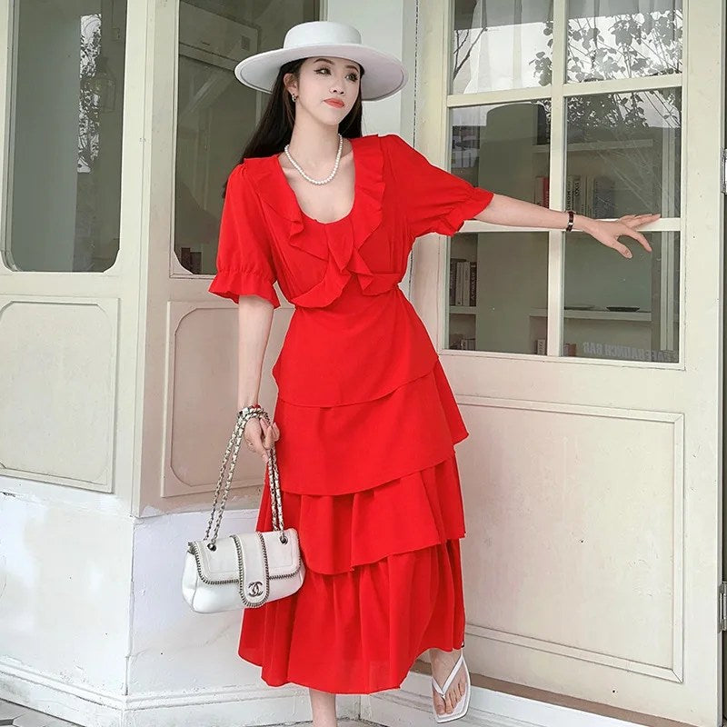 Plus Size Fat Mm Dress Red Performance Dress Festive Bridesmaid Dress Beach Skirt Design Sense Niche Cake Skirt Summer