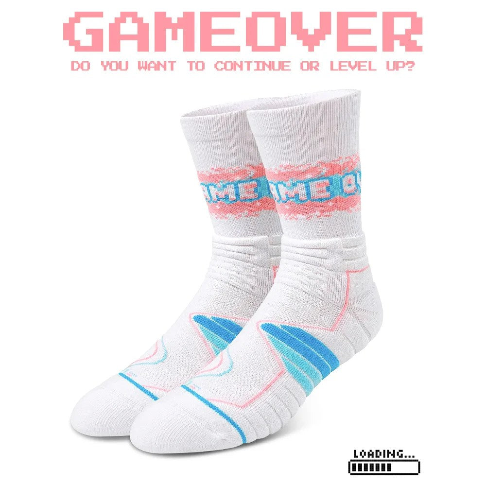 High-Top Elite Basketball Socks with Towel Bottom, Breathable Casual GAME OVER Design for Men and Women