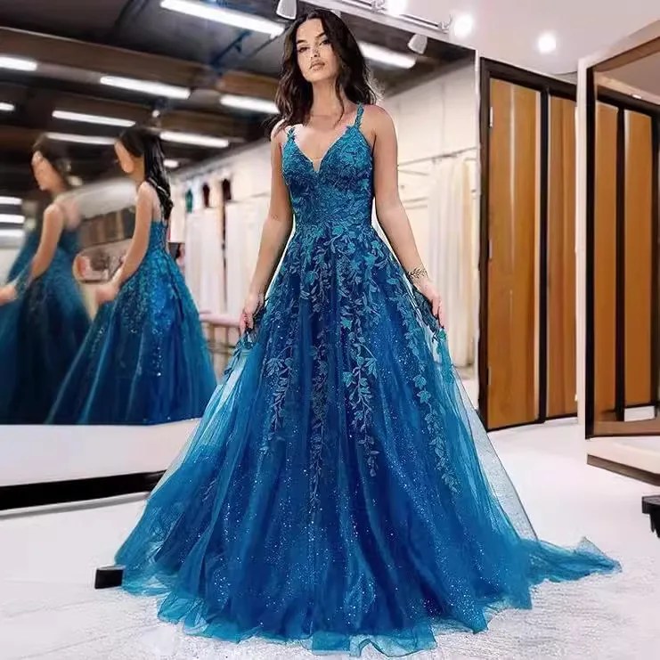 New Blue Slim-fitting Sexy Leaking Back Toasting Clothes, Birthday Party and Annual Meeting Evening Women Dress