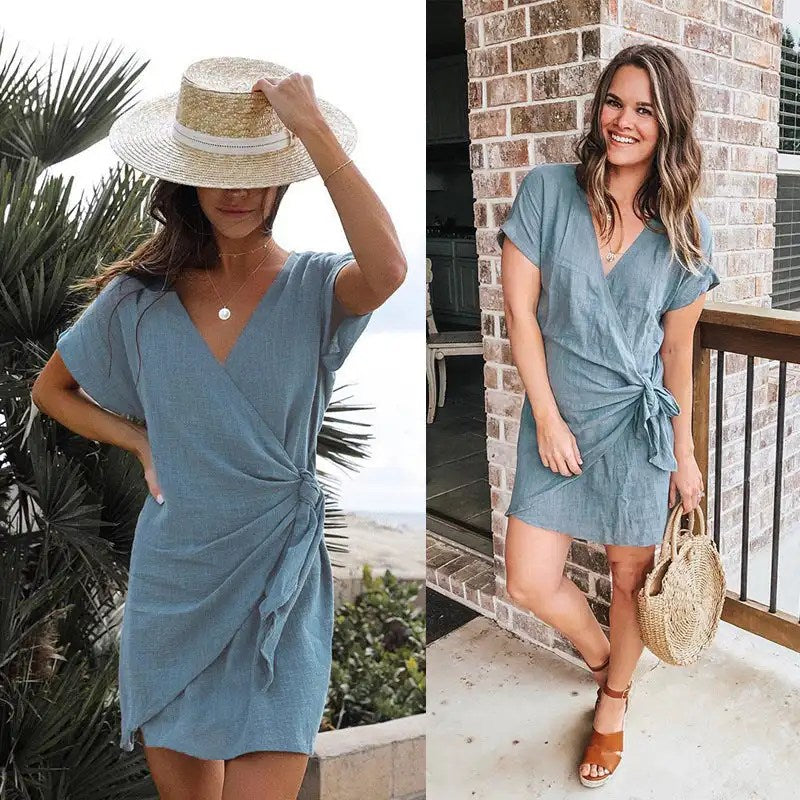 Unleash Your Inner Goddess with Our Summer Sexy V-neck Lace Up Irregular Women's Dress