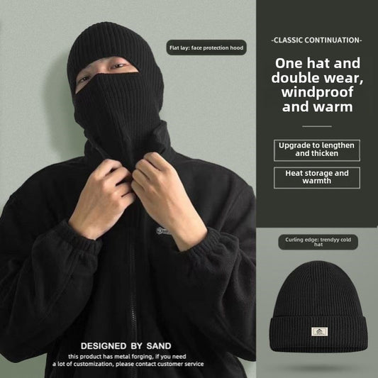 Balaclava hat, men's headgear, autumn and winter retro black wool knitted cold hat, windproof face mask